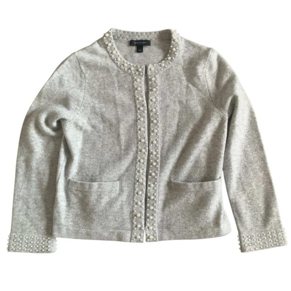 Pearl-Trim Gray Women's Sweater Jacket